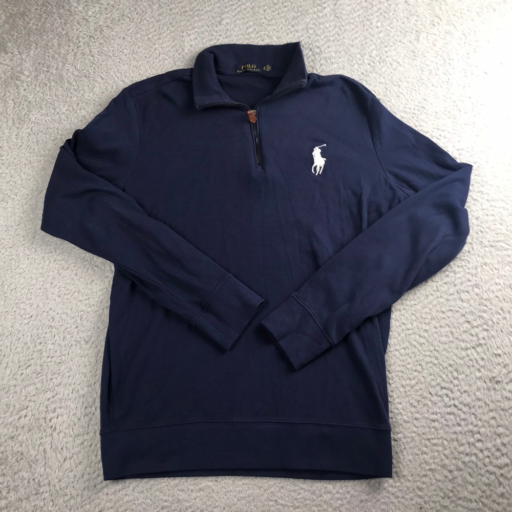 Polo Ralph Lauren 1/4 Zip Pullover Men M Navy Blue Cotton Big White Pony Logo